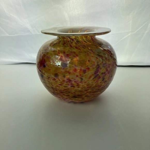 Vase tortoise Swirl hand Blown signed Art Glass Bowl round 4.5 in tall - Picture 9 of 11